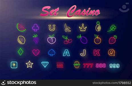 slots icon set for casino slot machine dice chips flying realistic tokens for gambling, cash for roulette or poker,