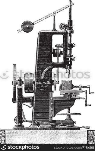 Slotting machine, profile view, vintage engraved illustration. Industrial encyclopedia E.-O. Lami - 1875.