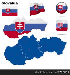 Slovakia vector set. Detailed country shape with region borders, flags and icons isolated on white background.