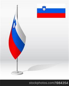 SLOVENIA flag on flagpole for registration of solemn event, meeting foreign guests. National independence day of SLOVENIA. Realistic 3D vector on white