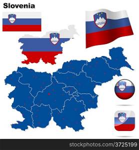 Slovenia vector set. Detailed country shape with region borders, flags and icons isolated on white background.