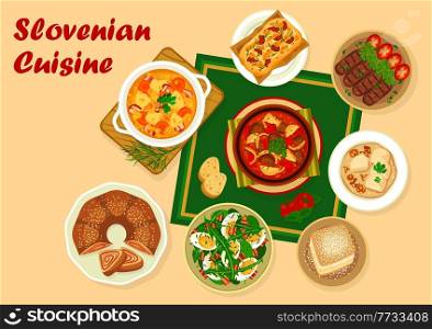 Slovenian cuisine food of vector meat and vegetable dishes with desserts. Grilled beef sausages, dumplings and sauerkraut bean stew, dandelion egg salad, cream cake and nuts roll. Slovenian cuisine food, meat and vegetable dishes