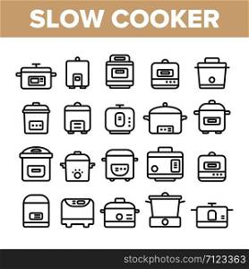 Slow Cooker Elements Collection Vector Icons Set Thin Line. Different Cooker Kitchenware Concept Linear Pictograms. Modern Cooking Food Equipment And Gadgets Monochrome Contour Illustrations. Slow Cooker Elements Collection Vector Icons Set