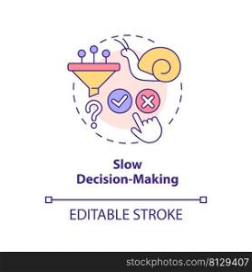 Slow decision-making concept icon. Cooperative society drawback abstract idea thin line illustration. Weak organisation. Isolated outline drawing. Editable stroke. Arial, Myriad Pro-Bold fonts used. Slow decision-making concept icon