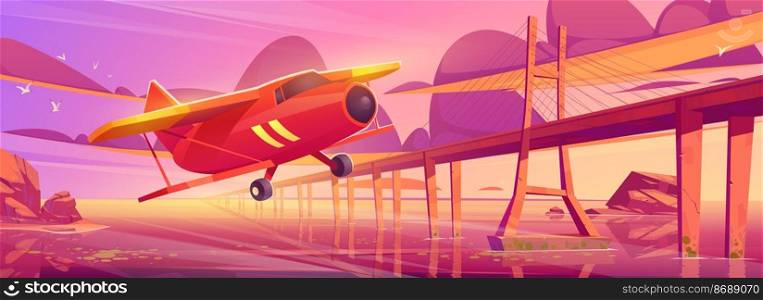 Small airplane flying at sunset ocean landscape with bridge. Crop duster plane fly over sea surface in beautiful dusk cloudy sky. Private or touristic aircraft travel, Cartoon vector illustration. Small airplane flying at sunset ocean with bridge