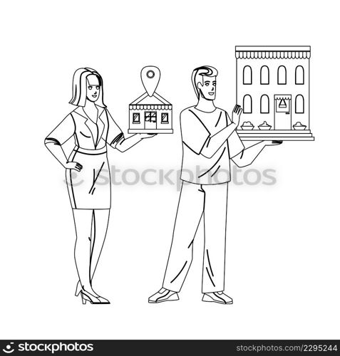 Small And Medium Enterprise Businesspeople Black Line Pencil Drawing Vector. Sme Enterprise Entrepreneurs Businessman And Businesswoman. Characters Man And Woman Commercial Commerce Business. Small And Medium Enterprise Businesspeople Vector