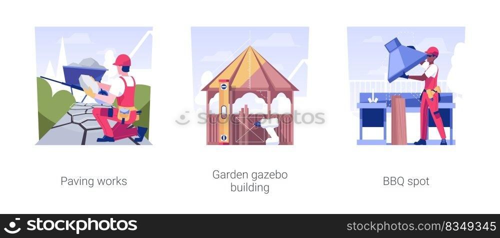 Small architectural forms installation isolated concept vector illustration set. Paving works, garden gazebo building, BBQ spot in the backyard, lay footpath, exterior works vector cartoon.. Small architectural forms installation isolated concept vector illustrations.