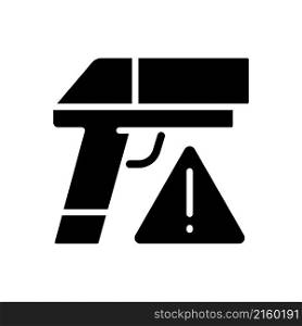 Small arms smuggling black glyph icon. Weapon trafficking. Ammunition contraband. Guns and pistols illicit international trade. Silhouette symbol on white space. Vector isolated illustration. Small arms smuggling black glyph icon