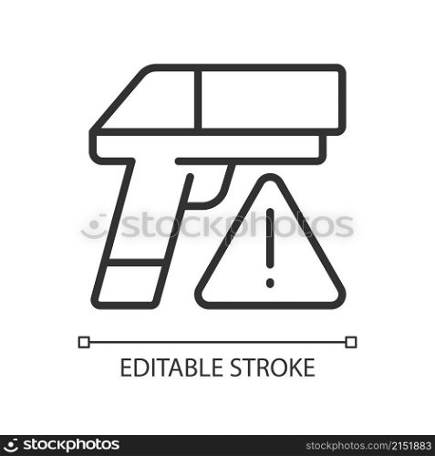 Small arms smuggling linear icon. Weapon trafficking. Contraband. Thin line customizable illustration. Contour symbol. Vector isolated outline drawing. Editable stroke. Pixel perfect. Arial font used. Small arms smuggling linear icon