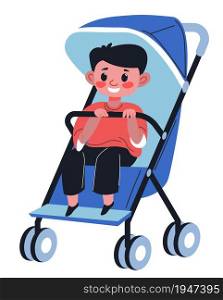 Small baby boy in pram, isolated kiddo holding handle of perambulator. Toddler sitting in comfortable pushchair with protection from sun. Traveling and walking outdoors. Vector in flat style. Baby boy sitting in perambulator holding handle