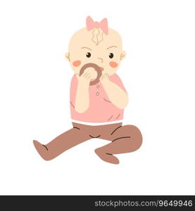 Small Baby Girl chewing teething toy. Vector illustration isolated, baby and teether ring. . Cute Small Baby Girl chewing teething toy