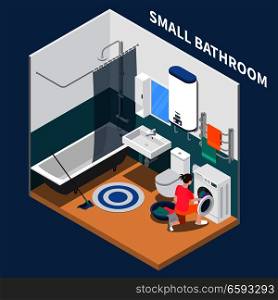 Small bath room isometric composition with plumbing, water heater, laundry machine, towel dryer, vector illustration. Small Bath Room Isometric Composition