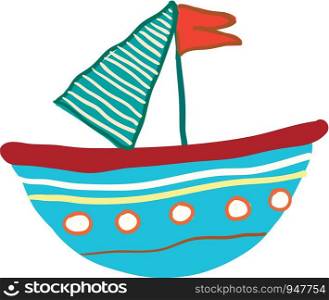Small blue floating vessel with red flag vector color drawing or illustration