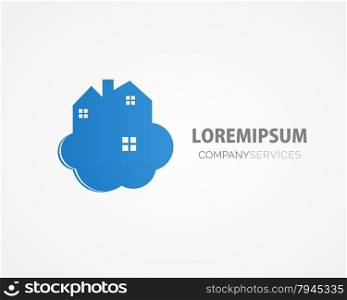 Small blue house on the cloud. Home cleaning or deleivery company business logo. Vector element, icon.