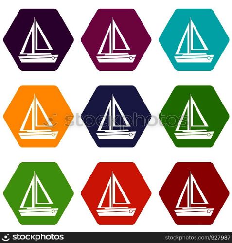 Small boat icon set many color hexahedron isolated on white vector illustration. Small boat icon set color hexahedron