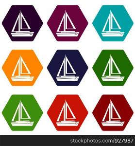 Small boat icon set many color hexahedron isolated on white vector illustration. Small boat icon set color hexahedron