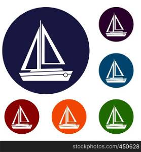 Small boat icons set in flat circle reb, blue and green color for web. Small boat icons set