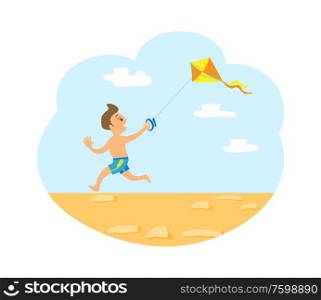 Small boy on summer vacation vector, isolated kid with wind kite having relaxation by seashore. Child wearing swimming suit and jogging. Hot summertime. Wind Kite and Small Kid Running on Beach Vector