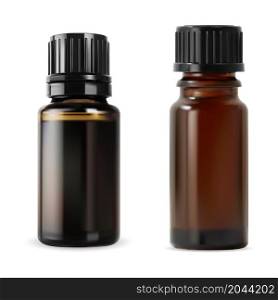 Small brown oil bottle. Glossy essential vial with black screw lid. Organic lavender essence flask design, apothecary storage isolated illustration. Small brown oil bottle. Glossy essential vial, screw lid
