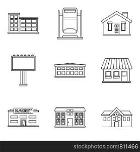 Small building icons set. Outline set of 9 small building vector icons for web isolated on white background. Small building icons set, outline style