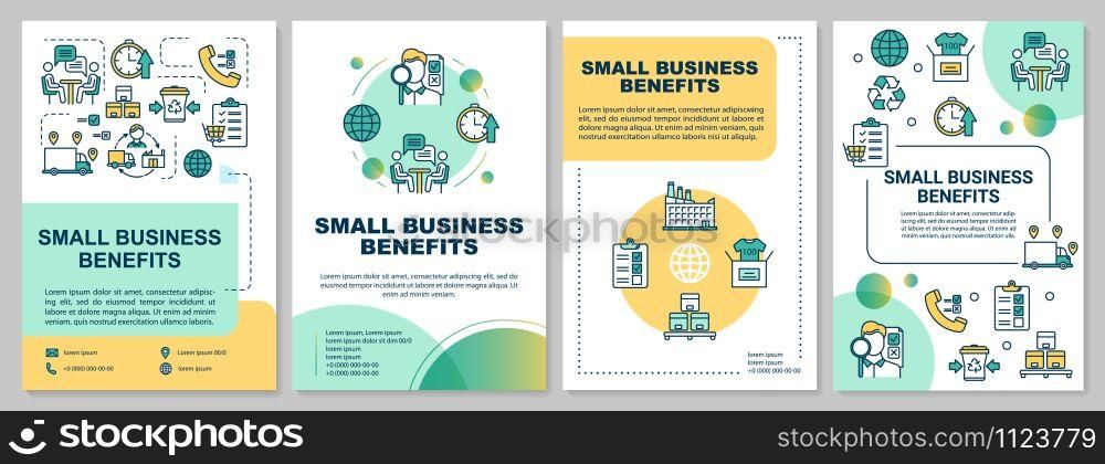 Small business benefits brochure template. Entrepreneurship. Flyer, booklet, leaflet print, cover design, linear illustrations. Vector page layouts for magazines, annual reports, advertising posters. Small business benefits brochure template. Quality control. Flyer, booklet, leaflet print, cover design, linear illustrations. Vector page layouts for magazines, annual reports, advertising posters