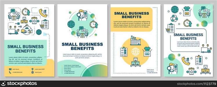 Small business benefits brochure template. Entrepreneurship. Flyer, booklet, leaflet print, cover design, linear illustrations. Vector page layouts for magazines, annual reports, advertising posters. Small business benefits brochure template. Quality control. Flyer, booklet, leaflet print, cover design, linear illustrations. Vector page layouts for magazines, annual reports, advertising posters