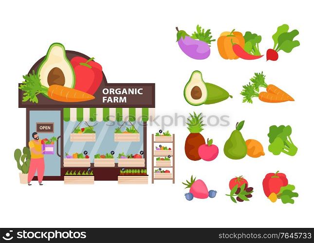 Small business concept with organic farm symbols flat vector illustration