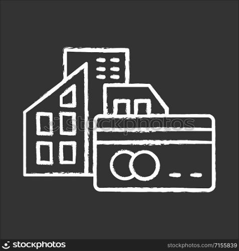 Small business credit chalk icon. Loan money to buy real estate building. Buying, renting house. Borrow currency to purchase apartment. Cityscape, credit card. Isolated vector chalkboard illustration