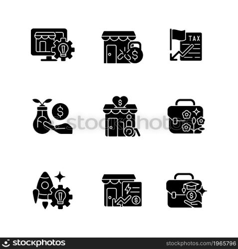 Small business development support black glyph icons set on white space. Website creation. Financial grants. Investing. Payments reduction. Silhouette symbols. Vector isolated illustration. Small business development support black glyph icons set on white space