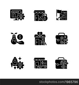 Small business development support black glyph icons set on white space. Website creation. Financial grants. Investing. Payments reduction. Silhouette symbols. Vector isolated illustration. Small business development support black glyph icons set on white space