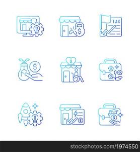 Small business development support gradient linear vector icons set. Website creation. Financial grants. Payments reduction. Thin line contour symbols bundle. Isolated outline illustrations collection. Small business development support gradient linear vector icons set