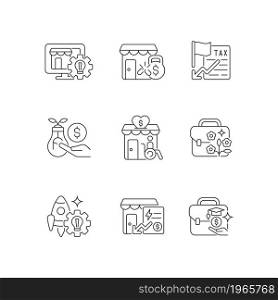 Small business development support linear icons set. Website creation. Financial grants. Investing. Customizable thin line contour symbols. Isolated vector outline illustrations. Editable stroke. Small business development support linear icons set