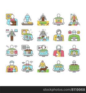 Small Business Entrepreneur Job Icons Set Vector. Vacation Host And Coder, Candy Seller And Pet Sitter, Interior Designer And Personal Assistant Small Business Occupation Line. Color Illustrations. Small Business Entrepreneur Job Icons Set Vector