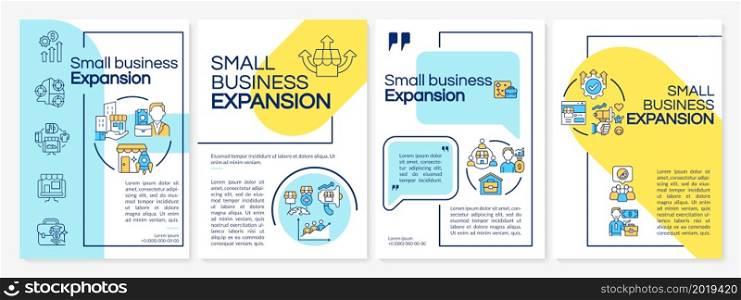 Small business expansion yellow, blue brochure template. Flyer, booklet, leaflet print, cover design with linear icons. Vector layouts for presentation, annual reports, advertisement pages. Small business expansion yellow, blue brochure template
