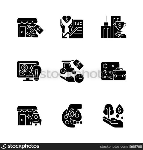 Small business financial support black glyph icons set on white space. Tax and rental payments deduction. Discounts and grants. Investing. Silhouette symbols. Vector isolated illustration. Small business financial support black glyph icons set on white space