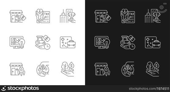 Small business financial support linear icons set for dark and light mode. Tax payments deduction. Customizable thin line symbols. Isolated vector outline illustrations. Editable stroke. Small business financial support linear icons set for dark and light mode