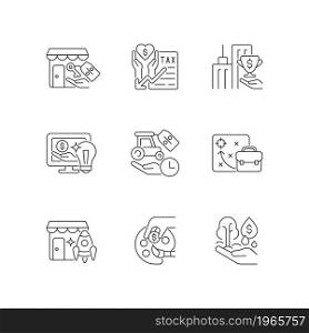 Small business financial support linear icons set. Tax payments deduction. Discounts, grants. Investing. Customizable thin line contour symbols. Isolated vector outline illustrations. Editable stroke. Small business financial support linear icons set