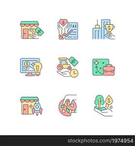 Small business financial support RGB color icons set. Tax and rental payments deduction. Discounts and grants. Isolated vector illustrations. Simple filled line drawings collection. Editable stroke. Small business financial support RGB color icons set