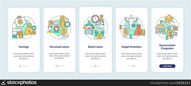 Small business financial tips onboarding mobile app page screen. Startup launch walkthrough 5 steps graphic instructions with concepts. UI, UX, GUI vector template with linear color illustrations. Small business financial tips onboarding mobile app page screen