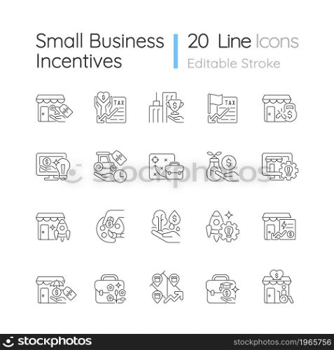 Small business incentives linear icons set. Startups financial support. Governmental programs and funds. Customizable thin line contour symbols. Isolated vector outline illustrations. Editable stroke. Small business incentives linear icons set