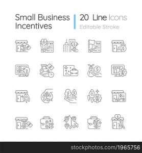 Small business incentives linear icons set. Startups financial support. Governmental programs and funds. Customizable thin line contour symbols. Isolated vector outline illustrations. Editable stroke. Small business incentives linear icons set