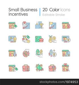 Small business incentives RGB color icons set. Startups financial support. Governmental programs and funds. Isolated vector illustrations. Simple filled line drawings collection. Editable stroke. Small business incentives RGB color icons set
