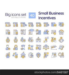 Small business incentives RGB color icons set. Tax credit. Economic development. Business support. Grant money. Isolated vector illustrations. Simple filled line drawings collection. Editable stroke. Small business incentives RGB color icons set