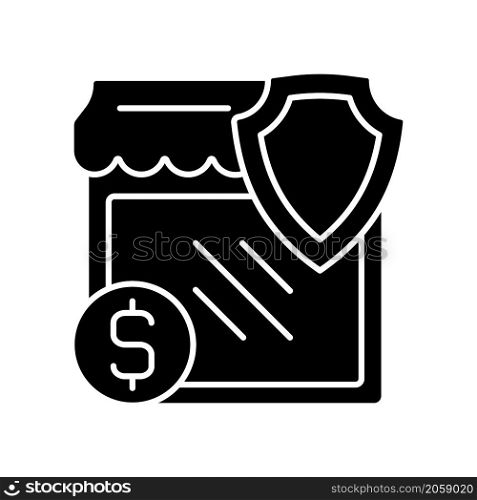 Small business insurance black glyph icon. Protection for entrepreneurs at accidents policy. Financial support at crisis. Silhouette symbol on white space. Vector isolated illustration. Small business insurance black glyph icon