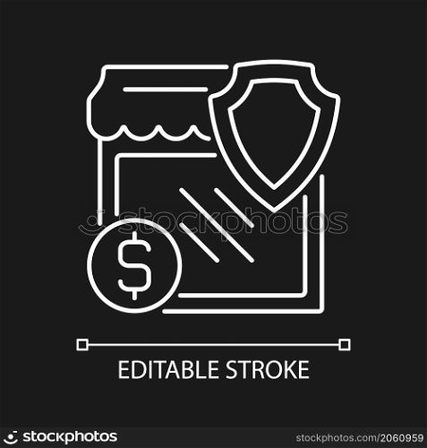 Small business insurance white linear icon for dark theme. Entrepreneur safety. Thin line customizable illustration. Isolated vector contour symbol for night mode. Editable stroke. Arial font used. Small business insurance white linear icon for dark theme