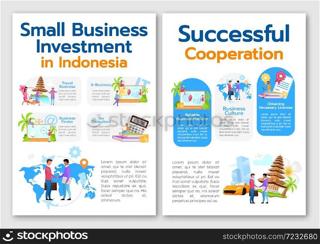 Small business investment in Indonesia brochure template. Flyer, booklet, leaflet print, cover design with linear illustrations. Vector page layouts for magazines, annual reports, advertising posters. Small business investment in Indonesia brochure template