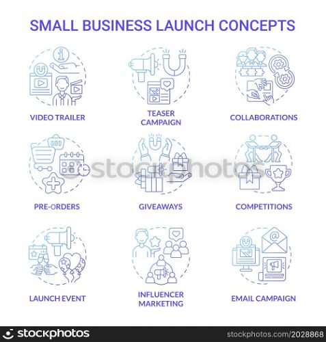 Small business launch concept icons set. Modern instruments of startup boosting. Marketing and business strategy idea thin line color illustrations. Vector isolated outline drawings. Small business launch concept icons set