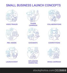 Small business launch concept icons set. Modern instruments of startup boosting. Marketing and business strategy idea thin line color illustrations. Vector isolated outline drawings. Small business launch concept icons set