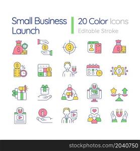 Small business launch RGB color icons set. Product and service startup boosting. Marketing business strategy. Isolated vector illustrations. Simple filled line drawings collection. Editable stroke. Small business launch RGB color icons set