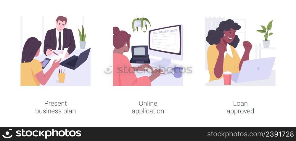 Small business loan isolated cartoon vector illustrations set. Present business plan, online application for startup capital, loan approval, credit score, debt agreement vector cartoon.. Small business loan isolated cartoon vector illustrations set.